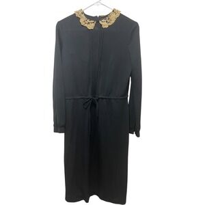 Vintage Dress Lace Collar Long Sleeve Polyester Black Dress Size 10